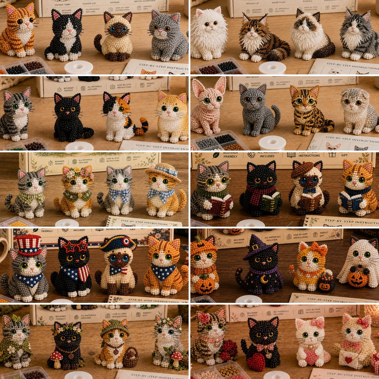 3D Beaded Cat DIY Kit – Adorable 4-Piece Handmade Cat Craft Set