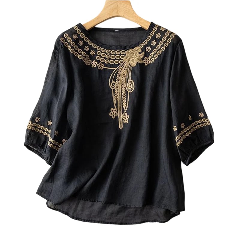 👚Women's Embroidered Cotton-Linen Blend Blouse – Floral Cutouts, Round Neck, Relaxed Fit ✨