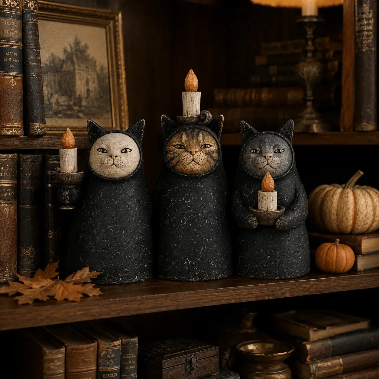 Set of 3  Mysterious Hooded Cat Candlelight Figurine