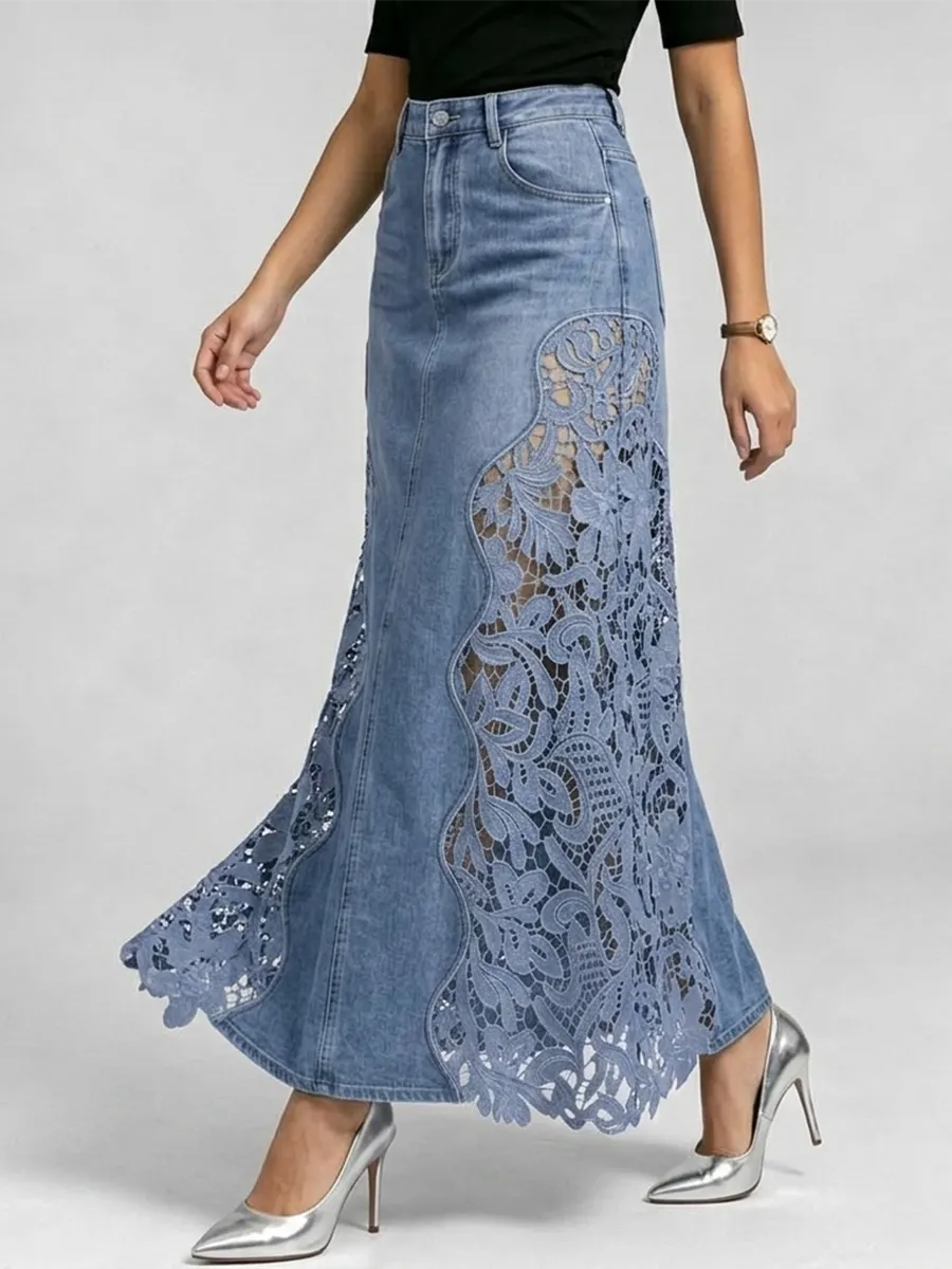 Stylish Lace-paneled Long Denim Skirt
