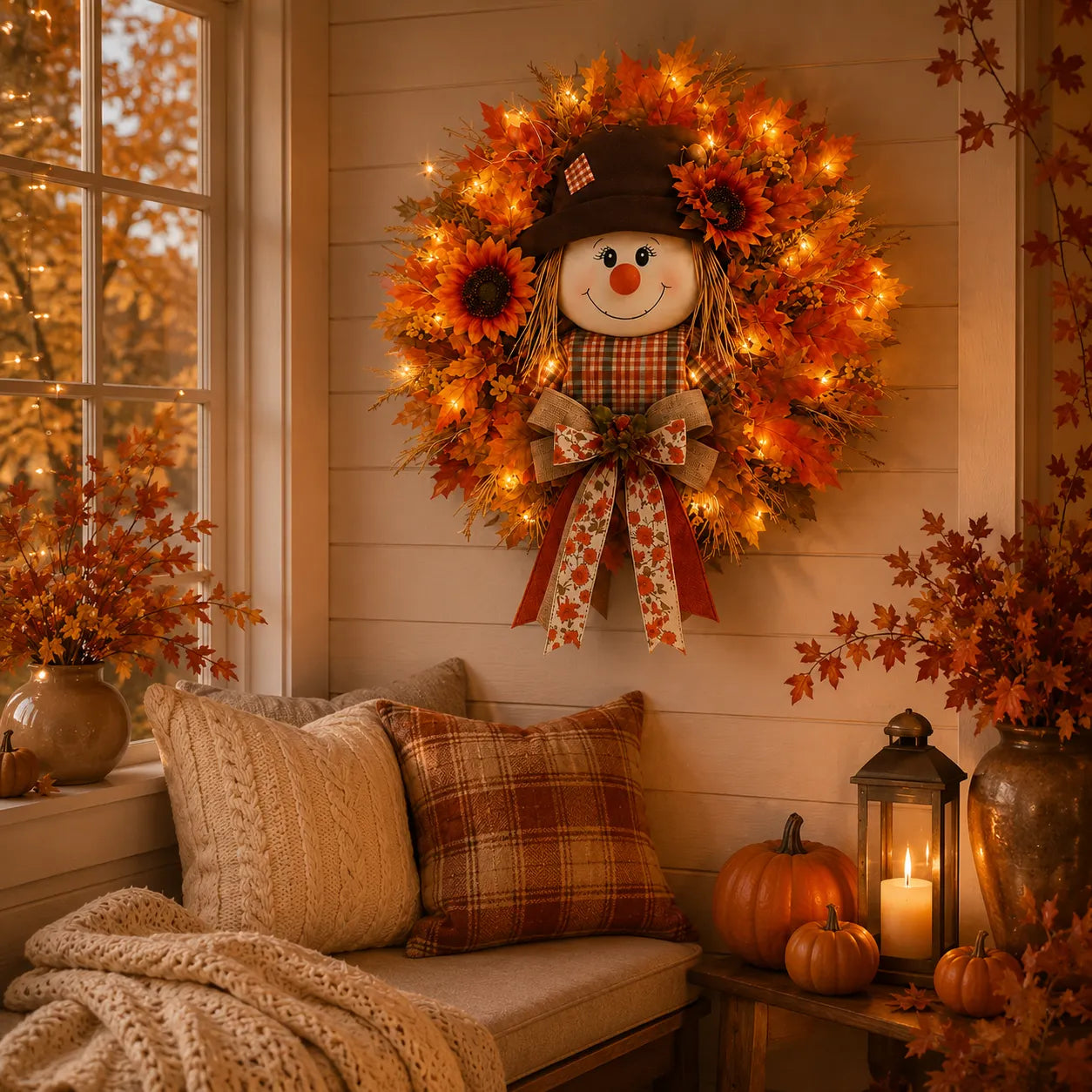 🍂🌻 Lighted Scarecrow Fall Wreath for Front Door