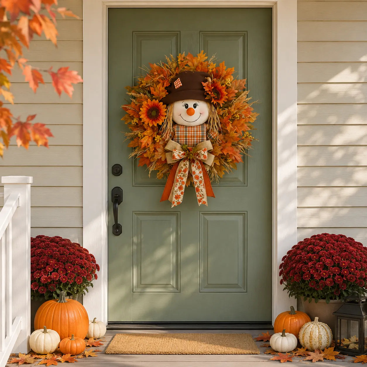 🍂🌻 Lighted Scarecrow Fall Wreath for Front Door