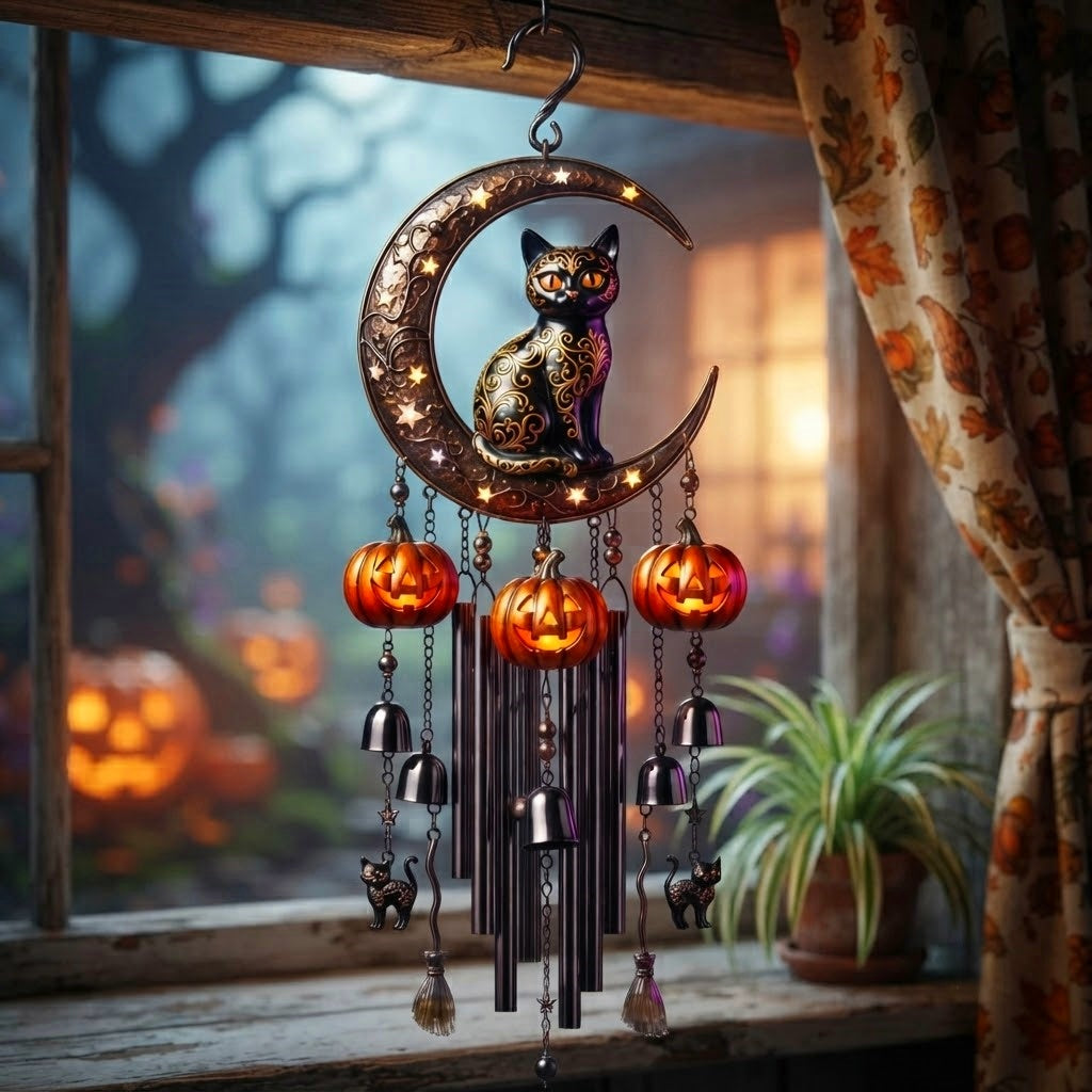 Halloween Cat on Moon Wind Chime