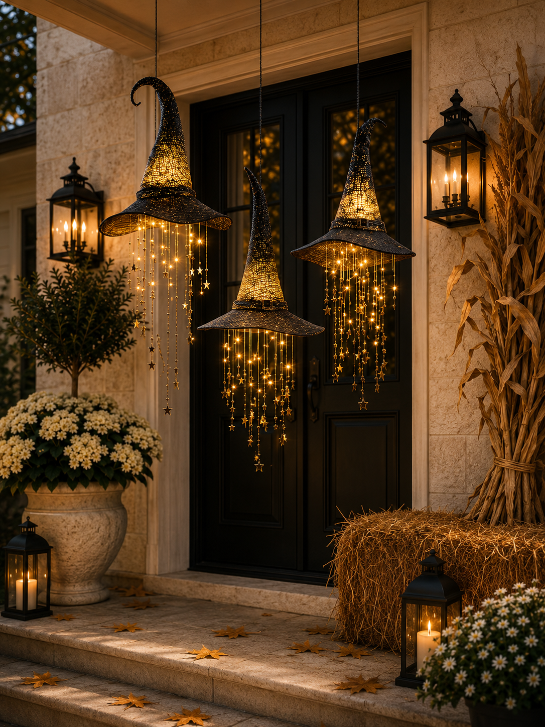 3-Piece Lighted Witch Hat Set with Cascading Stars