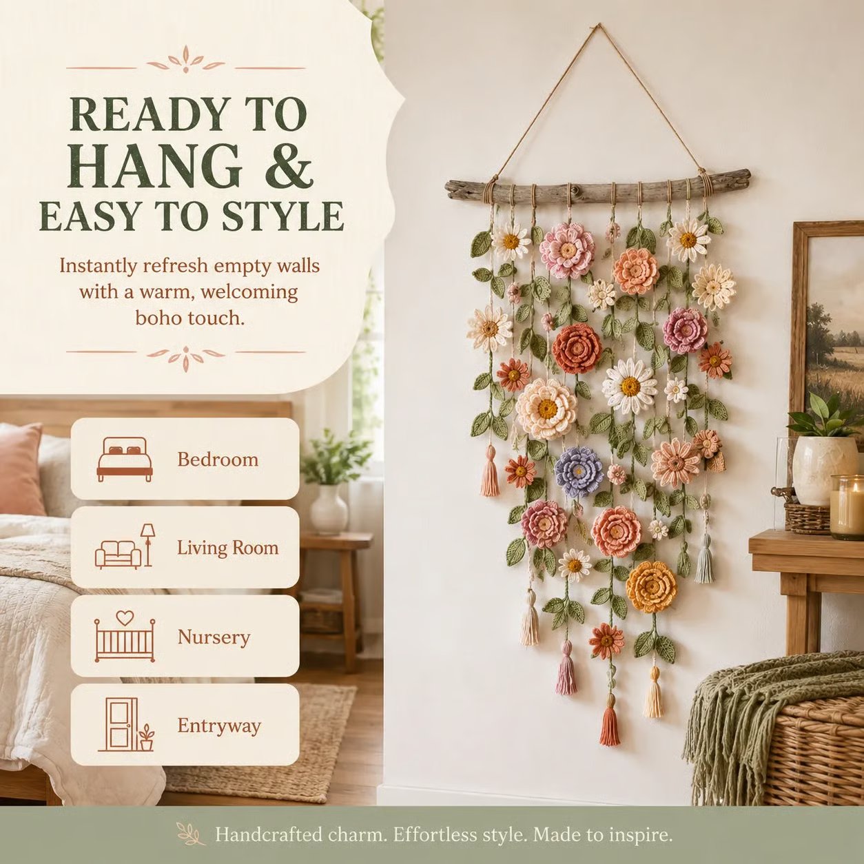 🌸HandMade Boho Crochet Flower Wall Hanging Decor