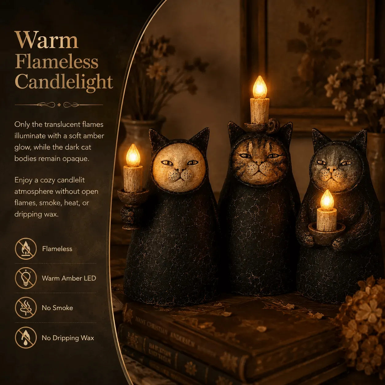 Set of 3  Mysterious Hooded Cat Candlelight Figurine