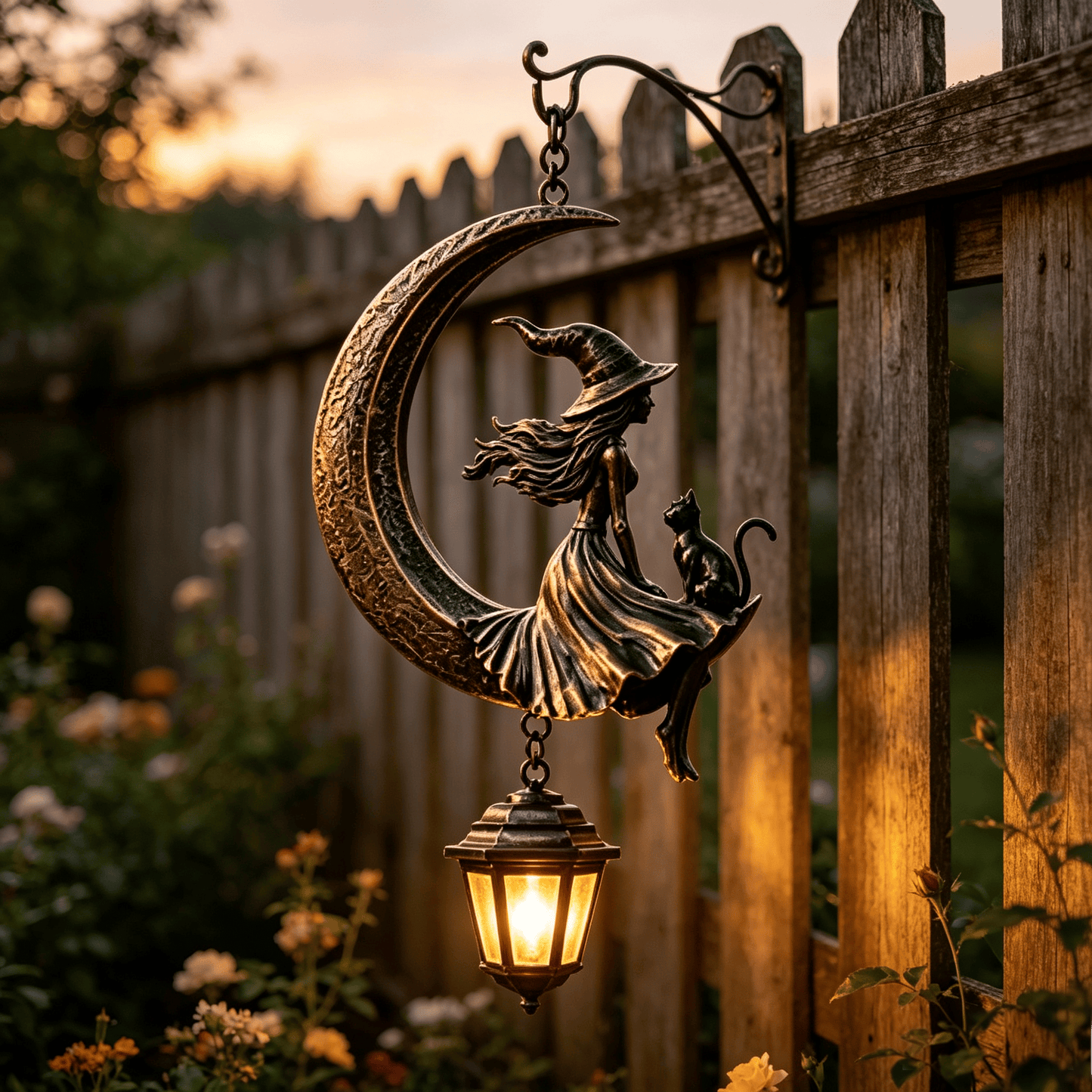Solar Hanging Witch on the Moon Lantern — Vintage Bronze Gothic Witch and Black Cat Garden Decor