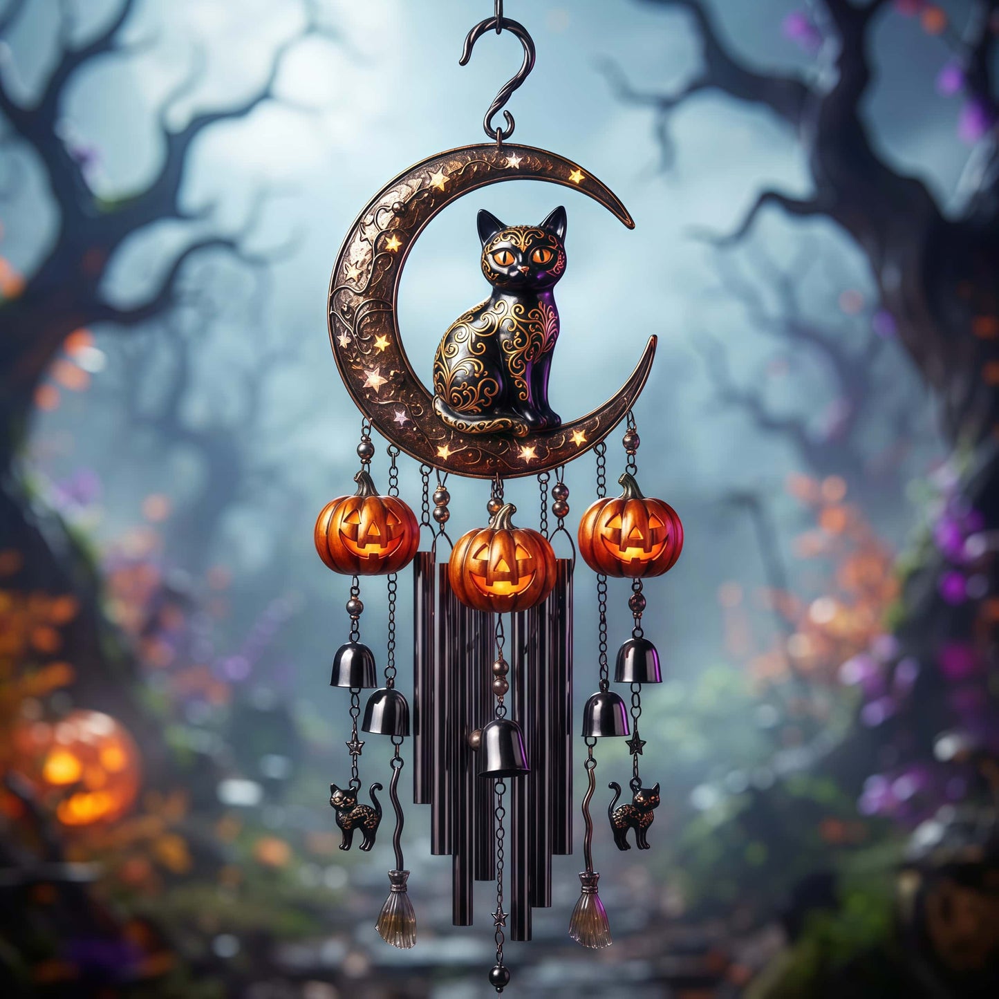 Halloween Cat on Moon Wind Chime