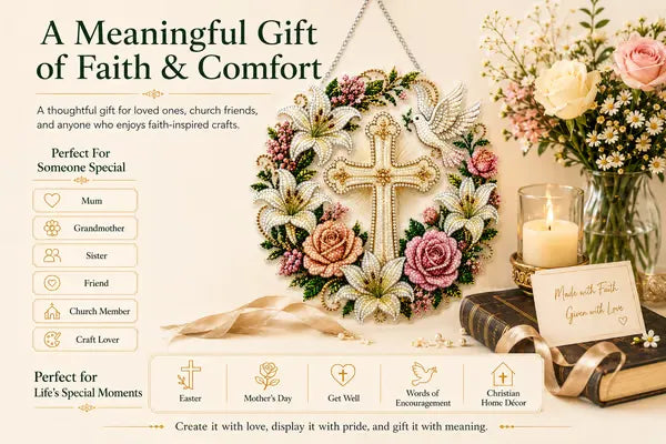 ✝️💐 Cross, Flowers & Dove Diamond Art Hanging Ornament Kit – A Relaxing DIY Craft Filled with Faith & Peace ✨🙏