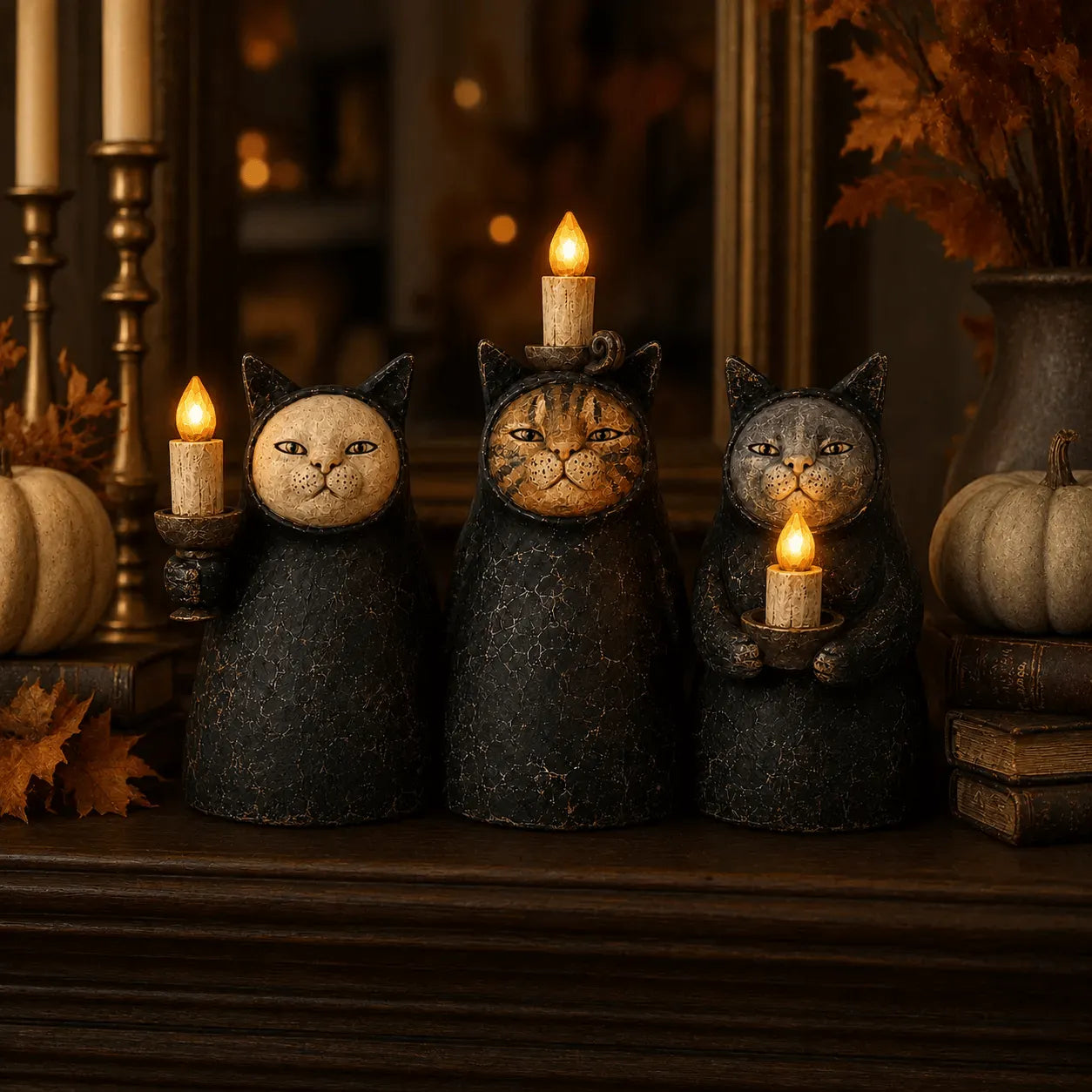 Set of 3  Mysterious Hooded Cat Candlelight Figurine