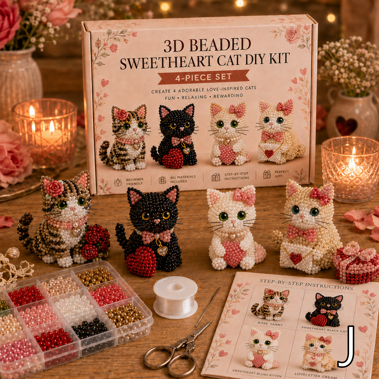 3D Beaded Cat DIY Kit – Adorable 4-Piece Handmade Cat Craft Set