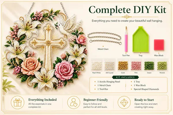 ✝️💐 Cross, Flowers & Dove Diamond Art Hanging Ornament Kit – A Relaxing DIY Craft Filled with Faith & Peace ✨🙏