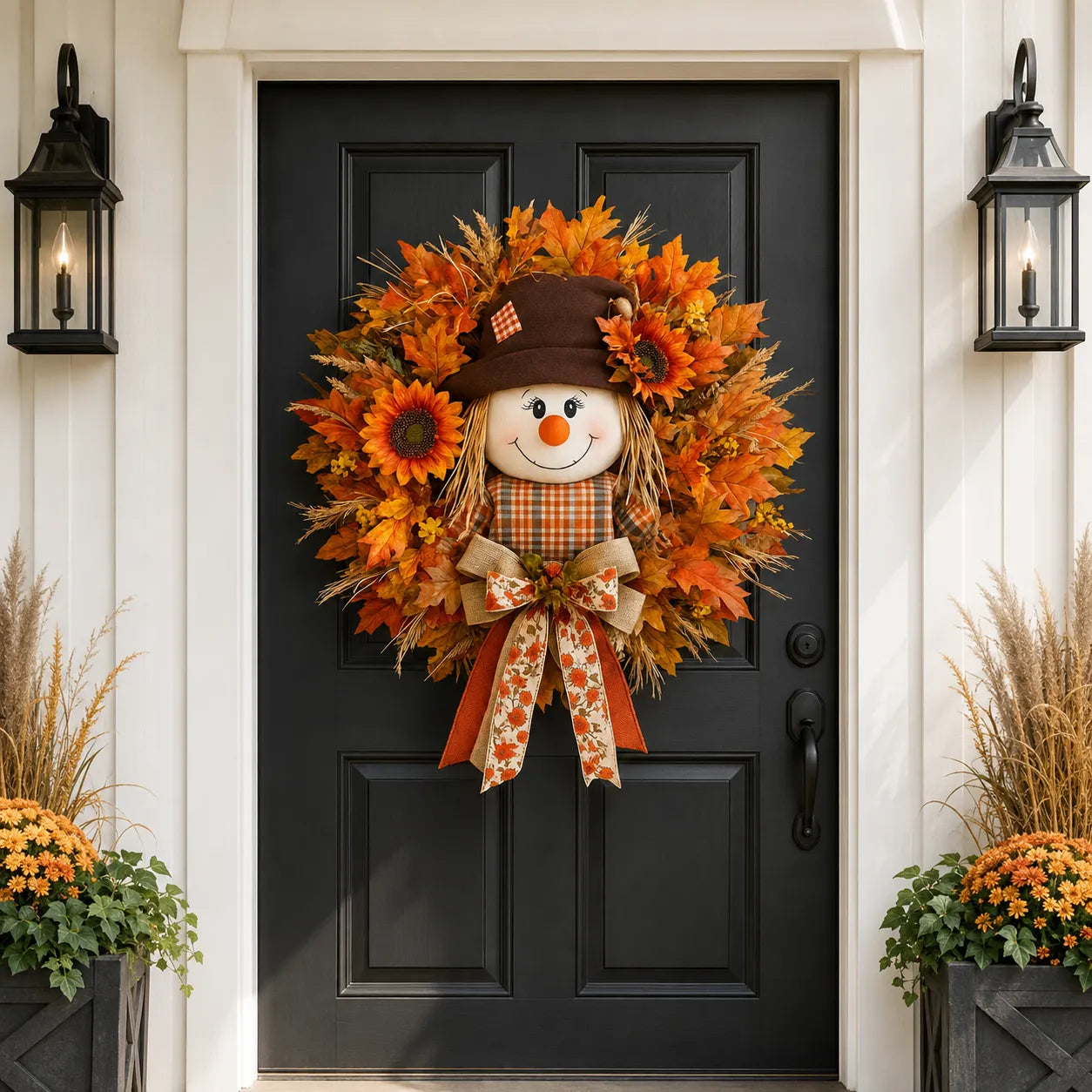 🍂🌻 Lighted Scarecrow Fall Wreath for Front Door