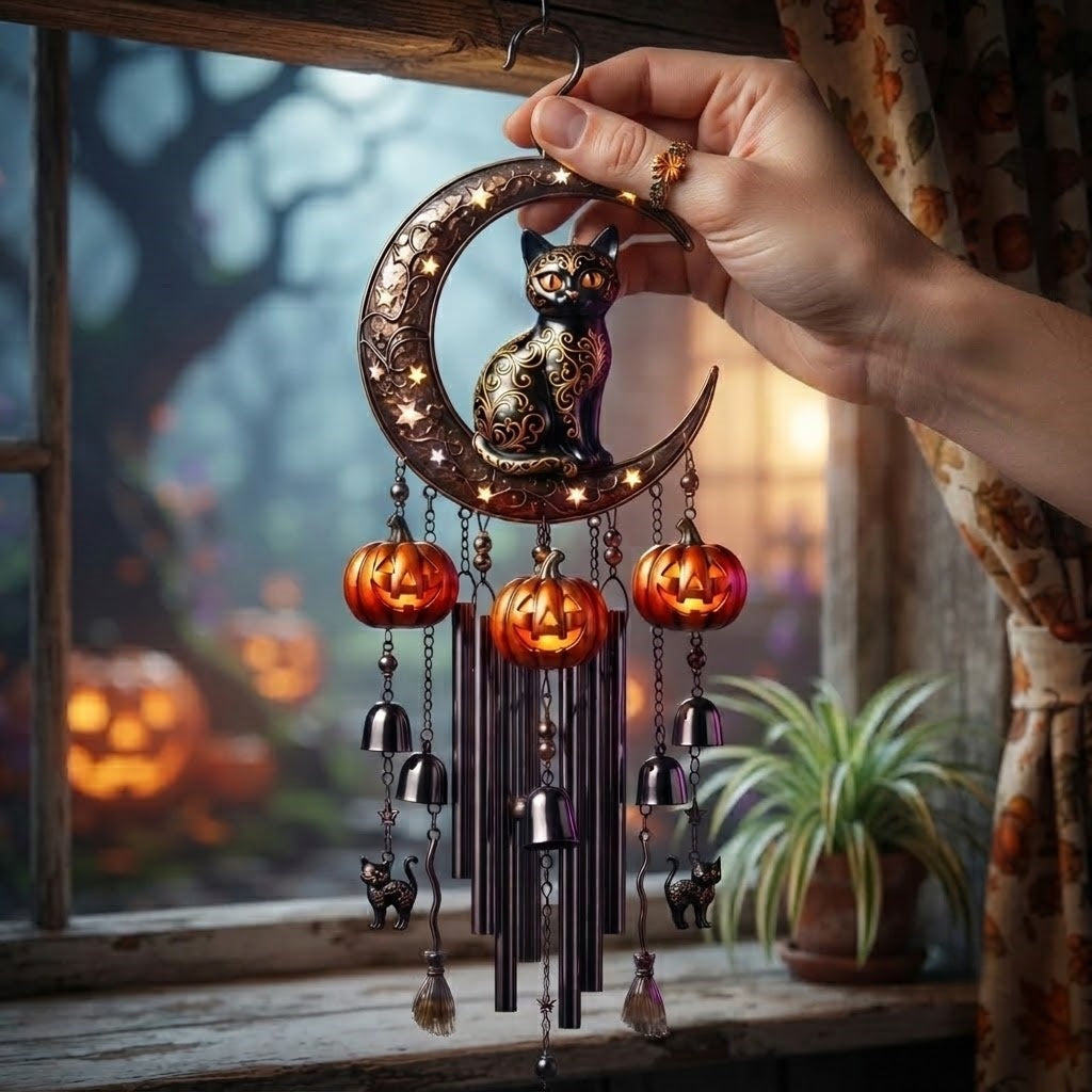 Halloween Cat on Moon Wind Chime