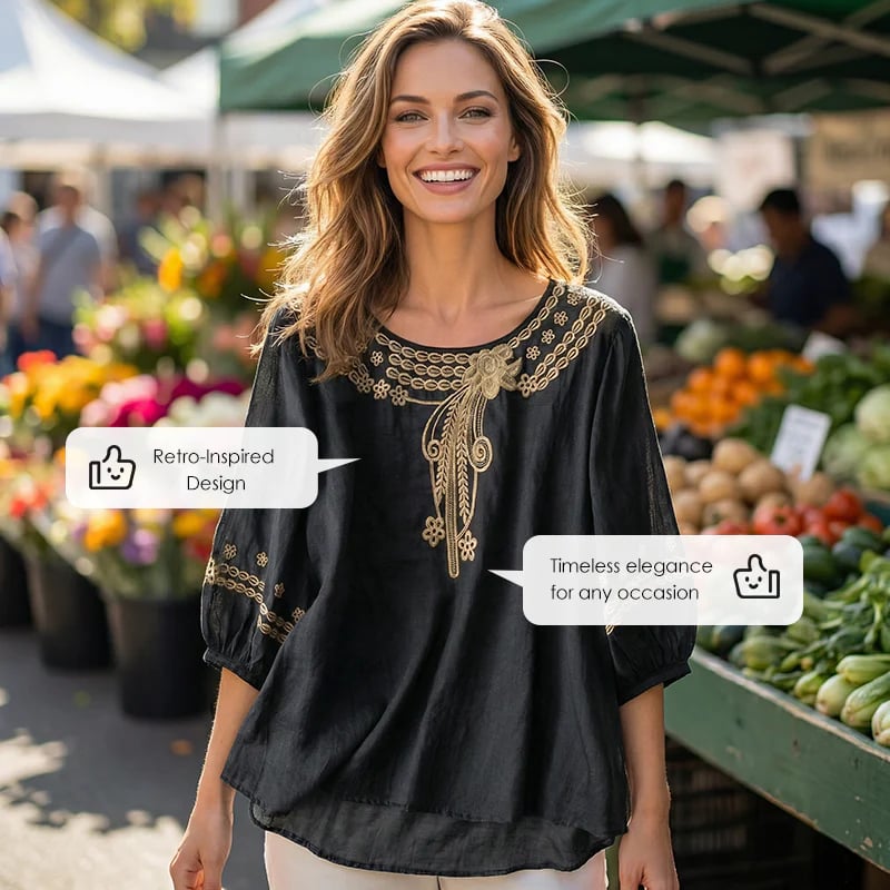 👚Women's Embroidered Cotton-Linen Blend Blouse – Floral Cutouts, Round Neck, Relaxed Fit ✨