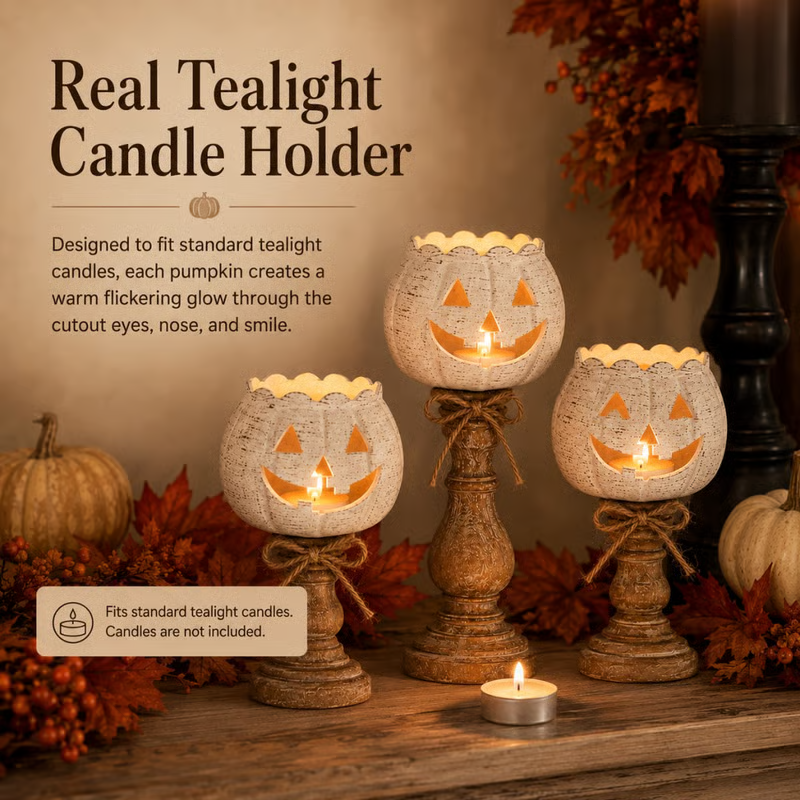 🕯Harvest Glow White Pumpkin Tealight Holders – Set of 3
