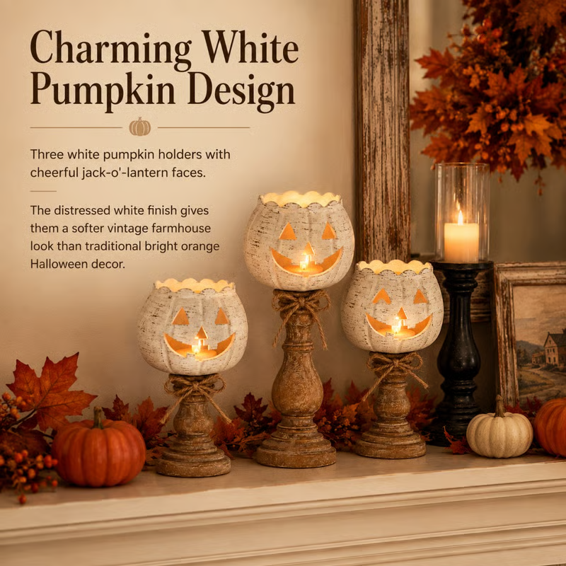 🕯Harvest Glow White Pumpkin Tealight Holders – Set of 3