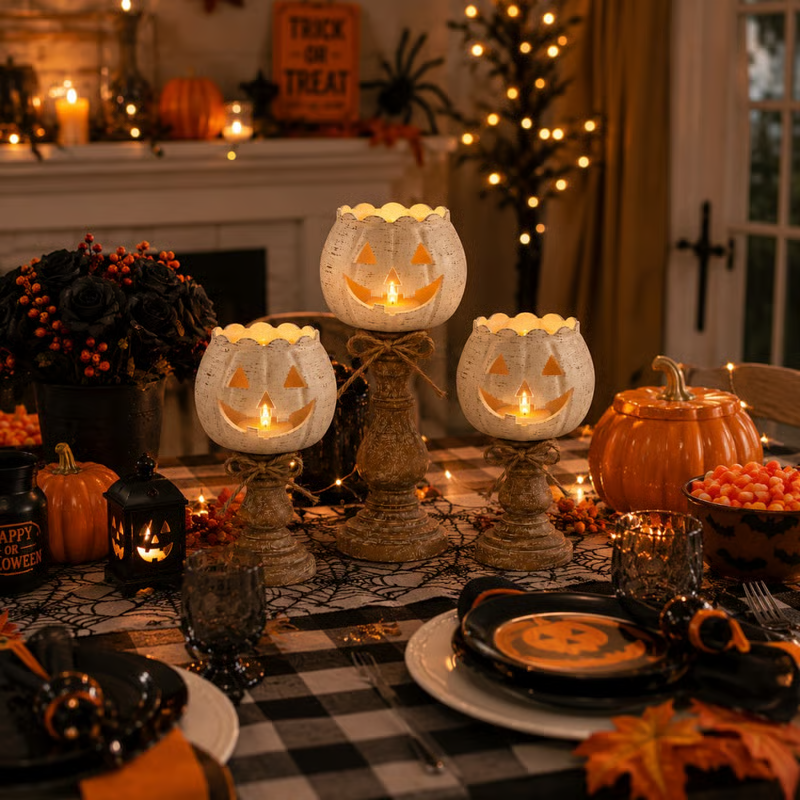 🕯Harvest Glow White Pumpkin Tealight Holders – Set of 3