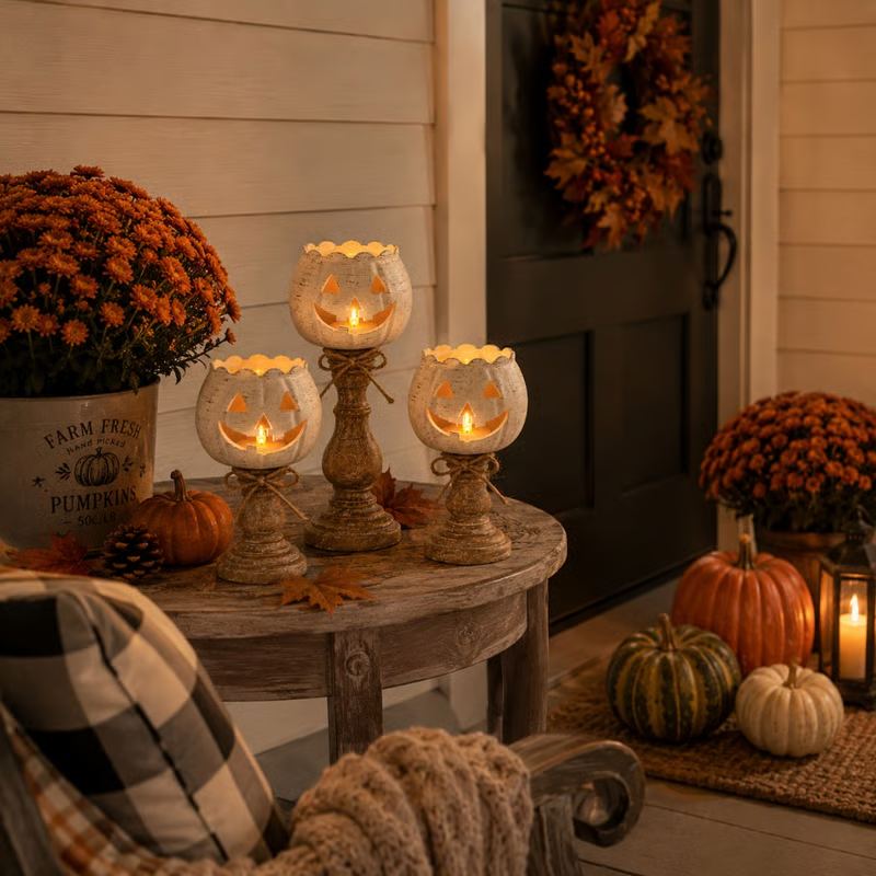 🕯Harvest Glow White Pumpkin Tealight Holders – Set of 3