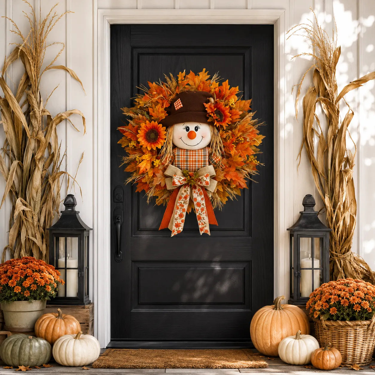 🍂🌻 Lighted Scarecrow Fall Wreath for Front Door