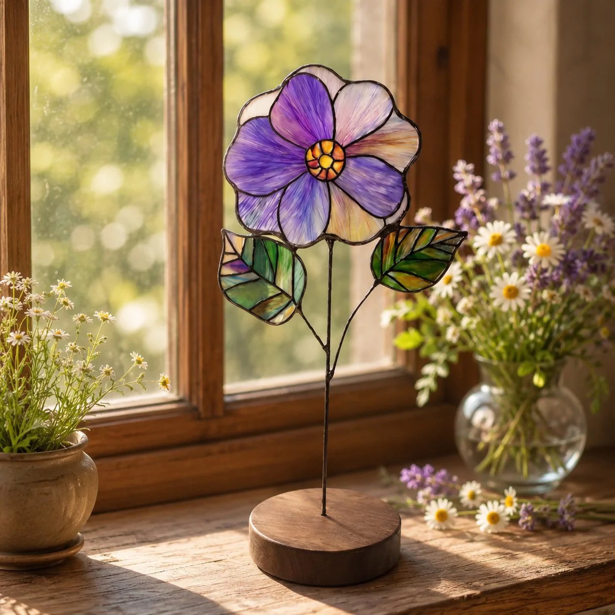 Handmade Stained Glass Flower Freestanding Window Decor