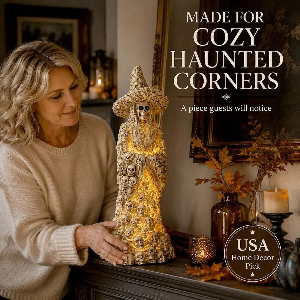 🎃 Glowing Skull Witch Halloween Statue | Cozy Spooky Indoor Decor