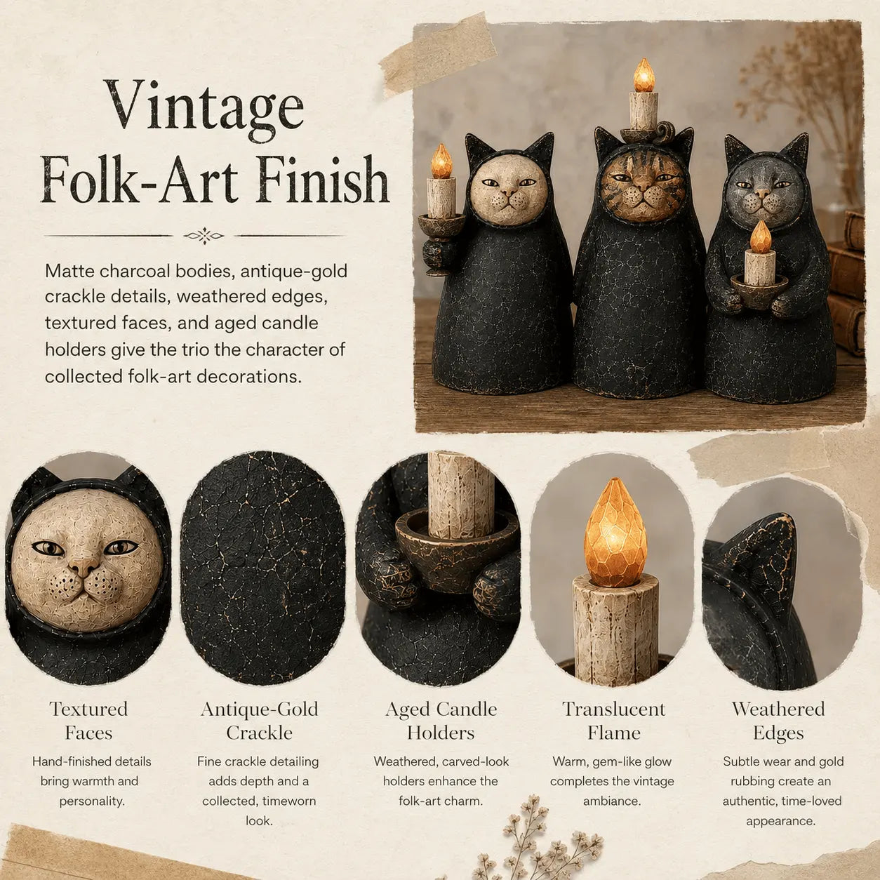 Set of 3  Mysterious Hooded Cat Candlelight Figurine