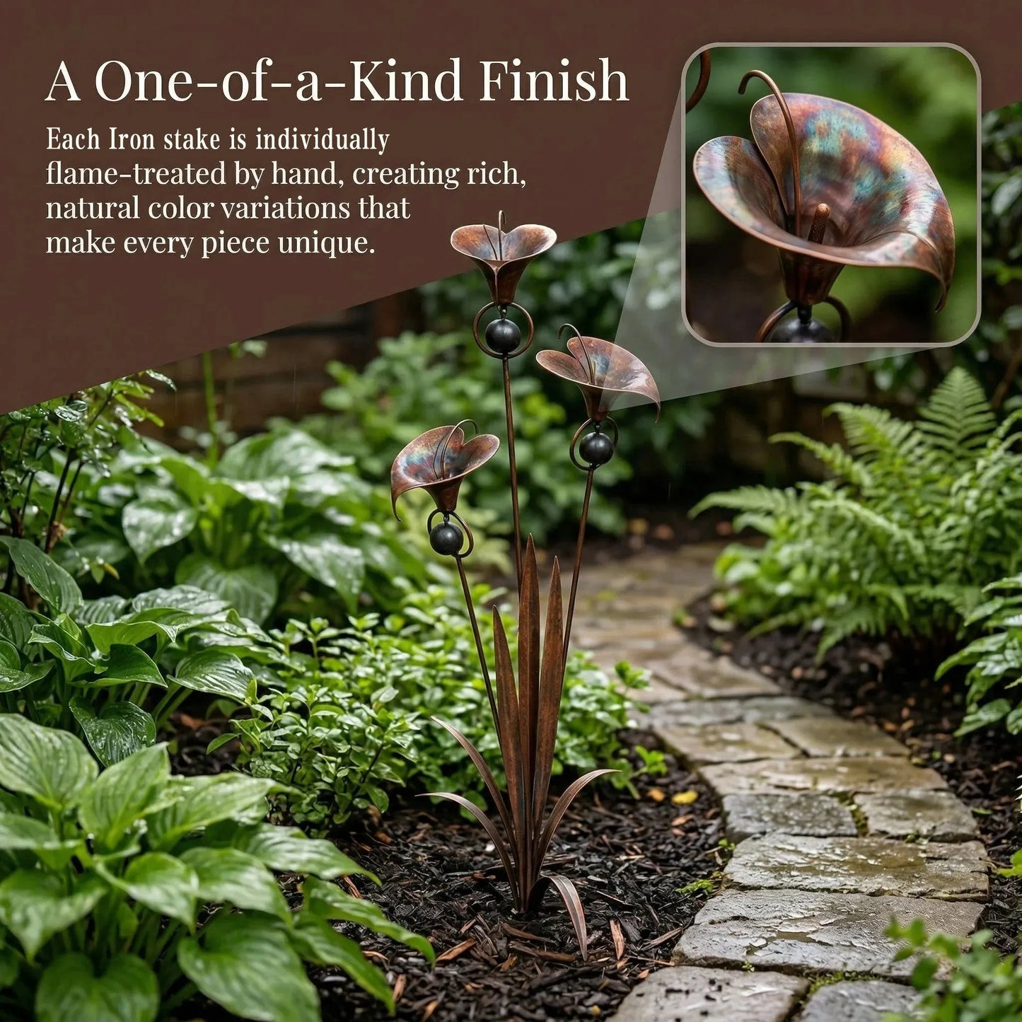 🏡Flamed Copper Three Calla Lilies Garden Stake with Bells