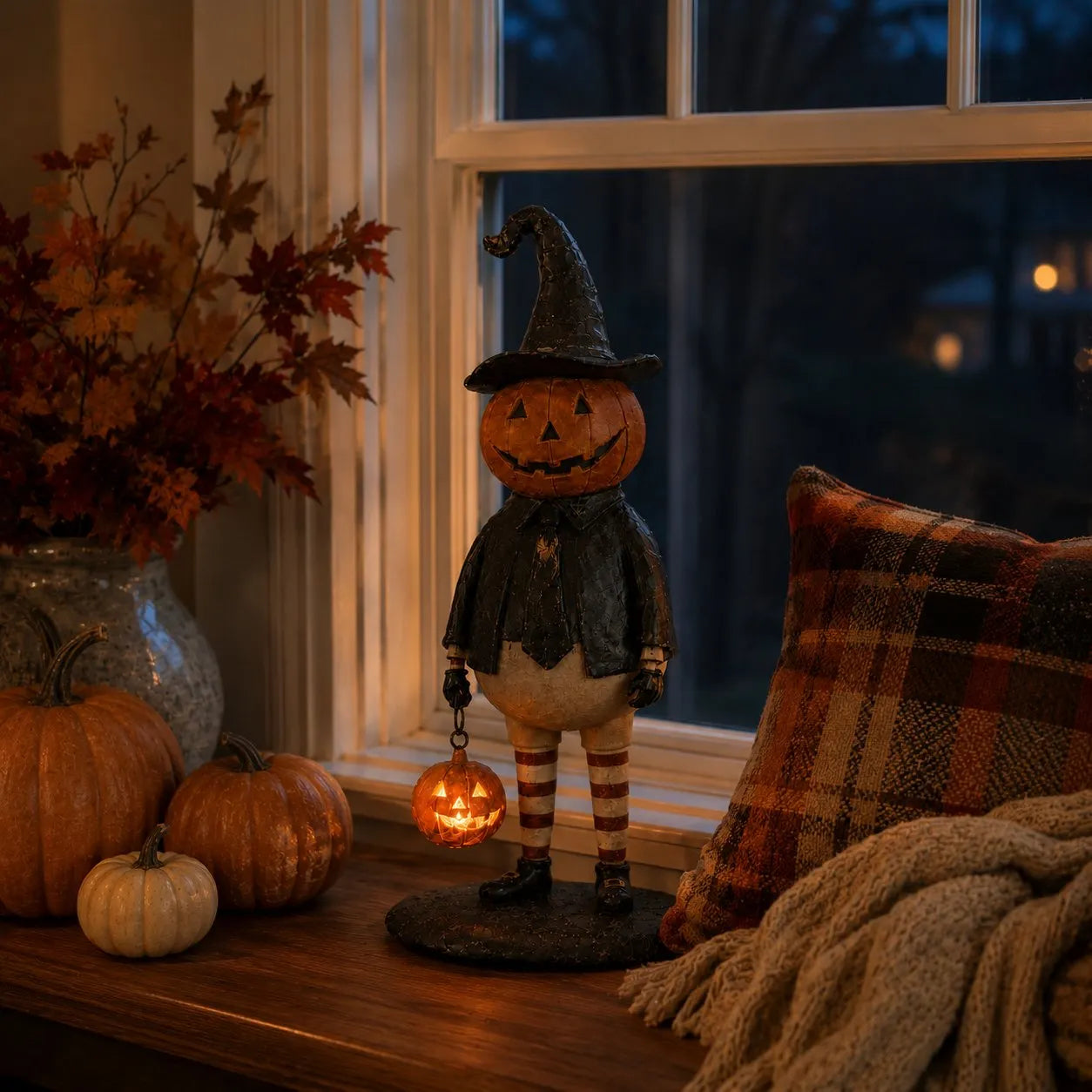 🔥HOT SALE 50% OFF🎃Halloween Pumpkin Head Figurine with Lighted Handheld Pumpkin Lantern