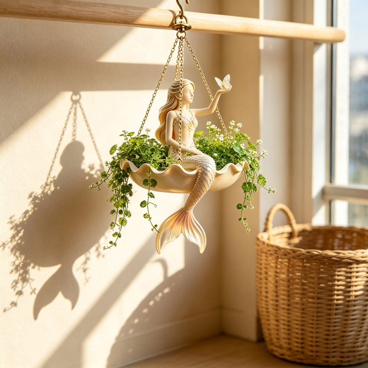 🧜‍♀️ A Mermaid in Your Garden — Hand-Painted Hanging Planter with Coastal Charm
