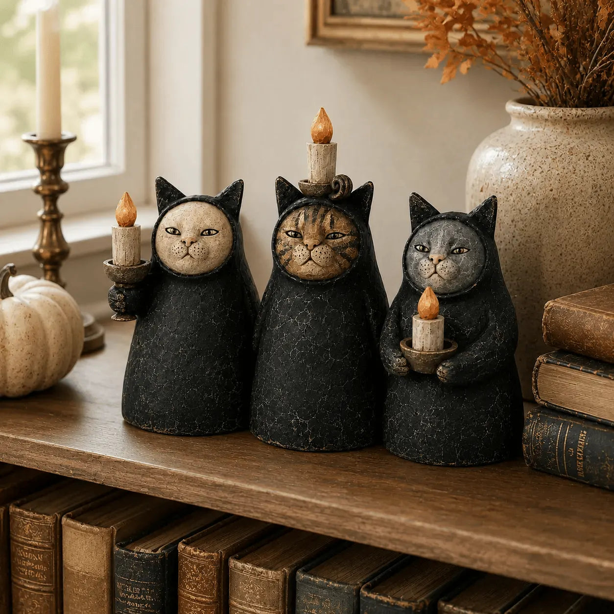Set of 3  Mysterious Hooded Cat Candlelight Figurine