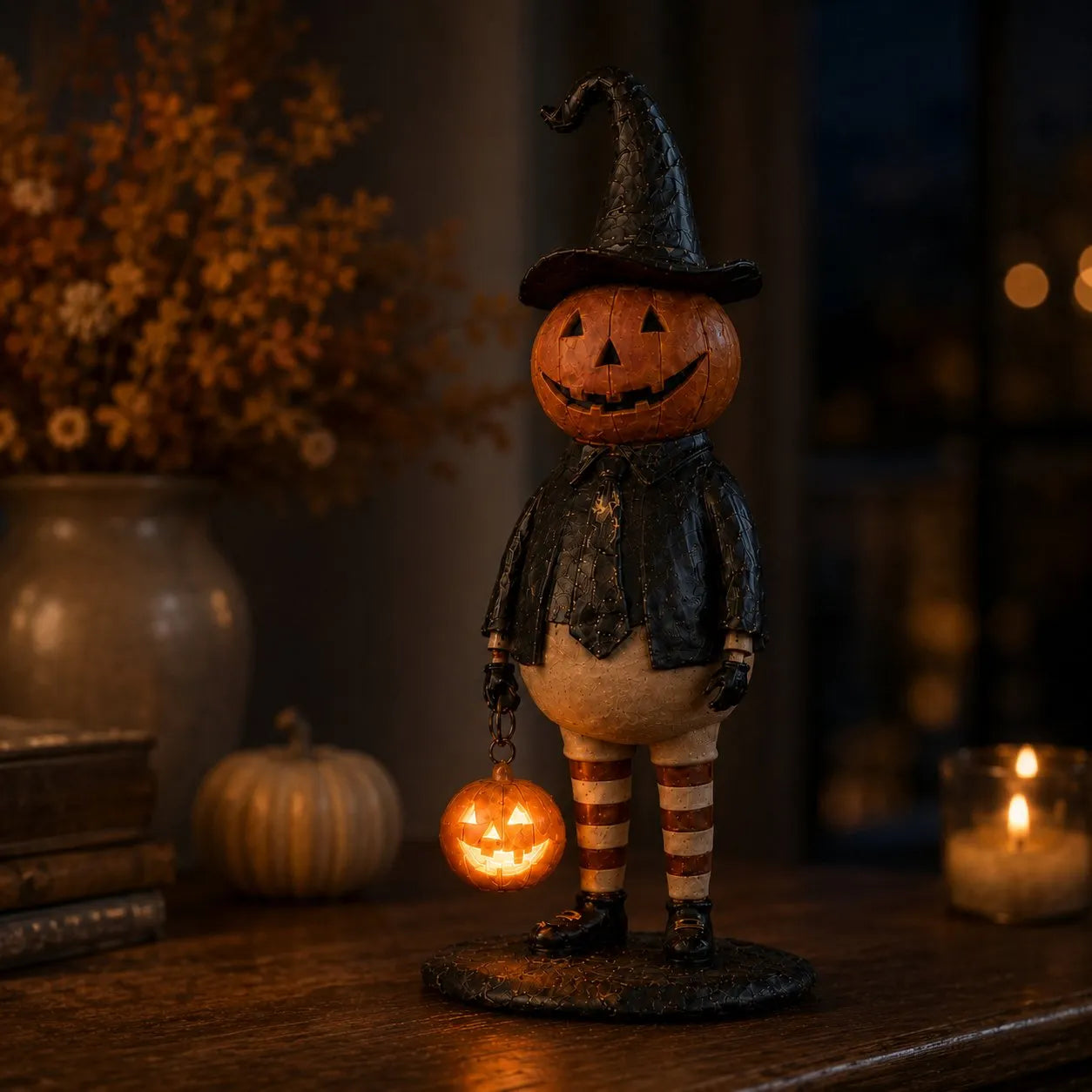 🔥HOT SALE 50% OFF🎃Halloween Pumpkin Head Figurine with Lighted Handheld Pumpkin Lantern