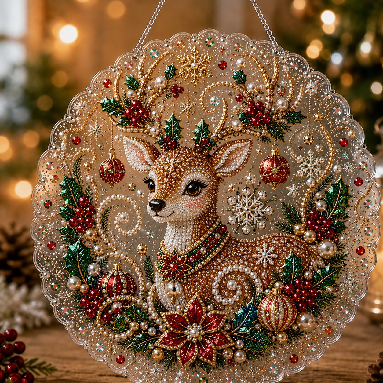 🎄Christmas Pearl Diamond Art Hanging Ornament Kit | Luxury Flocked Canvas with Scratch-Resistant Non-Fading Pearl Beads DIY Handmade Holiday Hanging Decor 🎅💎