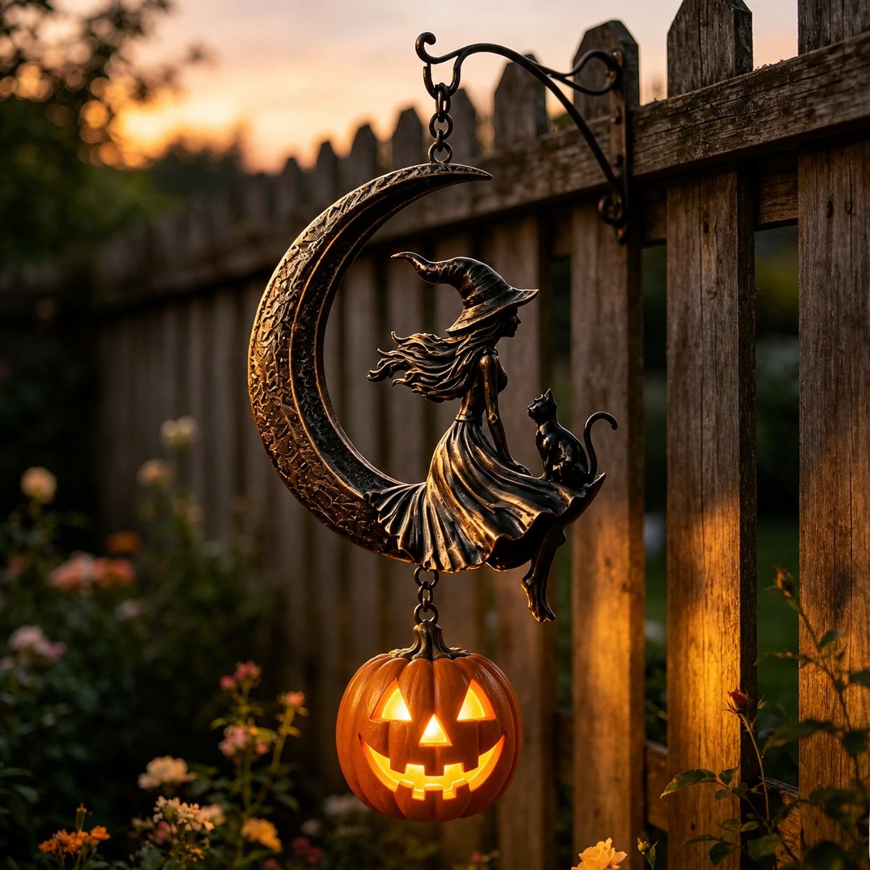 Solar Hanging Witch on the Moon Lantern — Vintage Bronze Gothic Witch and Black Cat Garden Decor