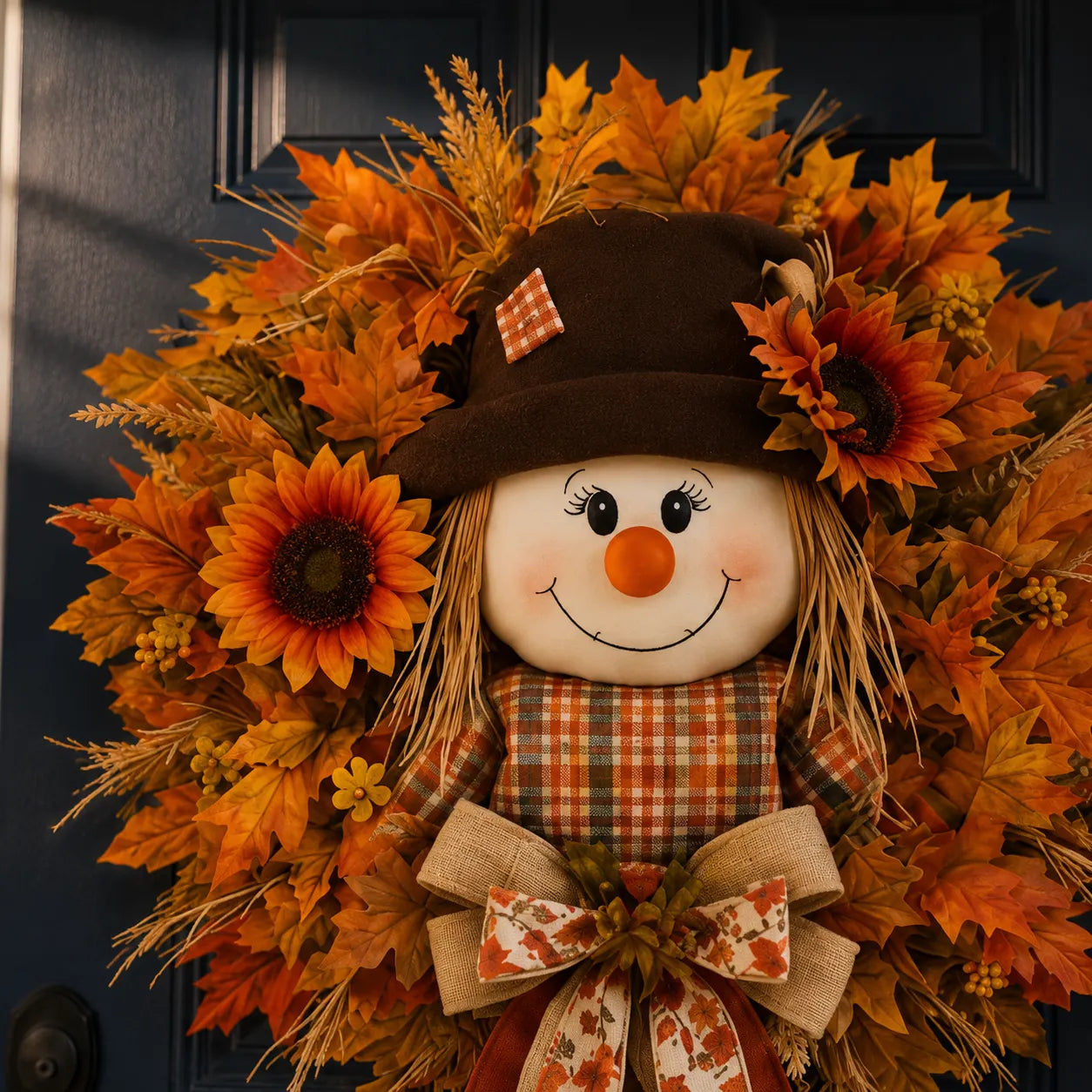 🍂🌻 Lighted Scarecrow Fall Wreath for Front Door