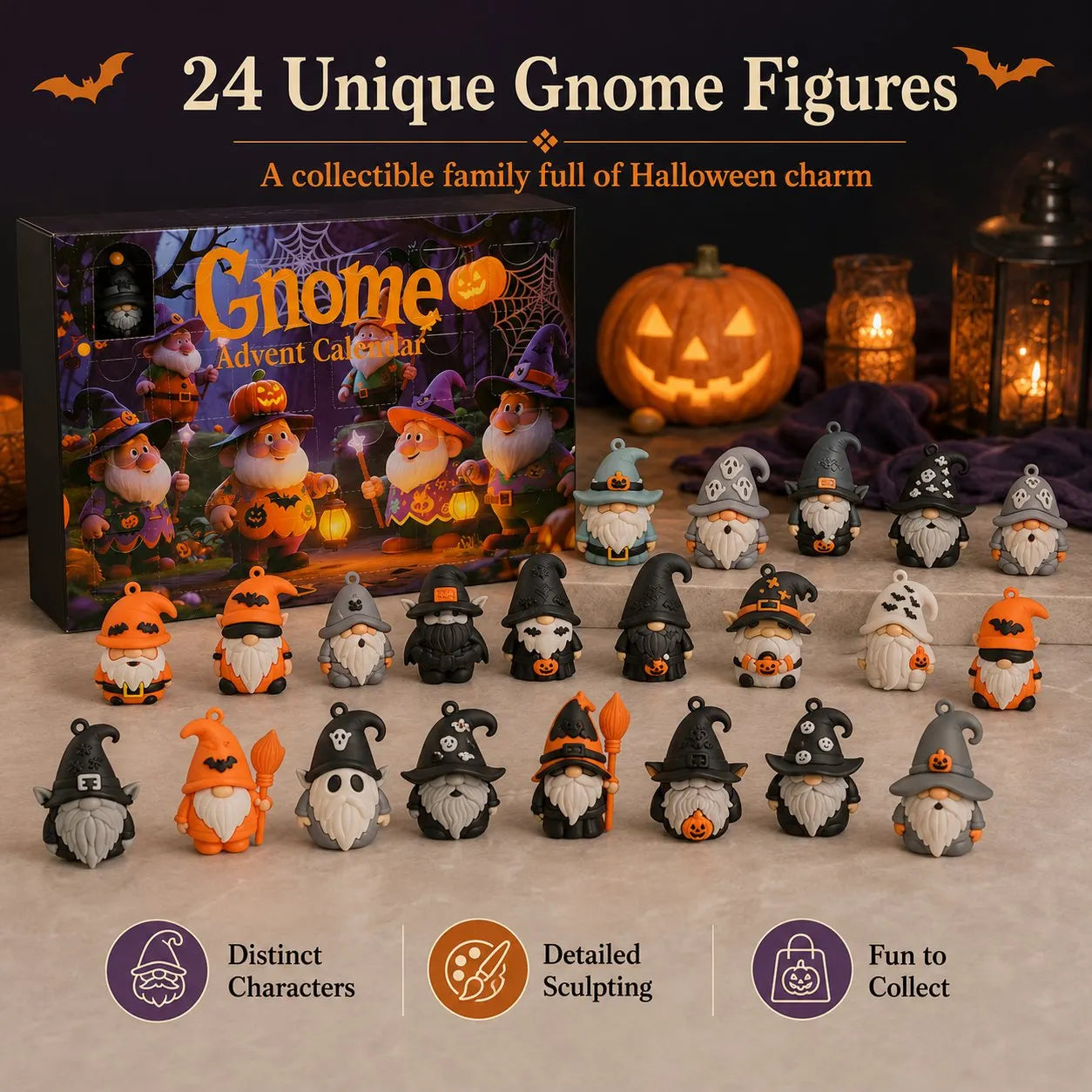🎁24 unique mini gnomes to collect🎃24 Days of Halloween Gnome Surprise Figures Advent Calendar Box