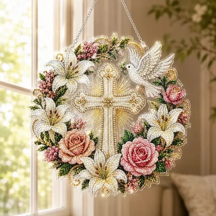 ✝️💐 Cross, Flowers & Dove Diamond Art Hanging Ornament Kit – A Relaxing DIY Craft Filled with Faith & Peace ✨🙏