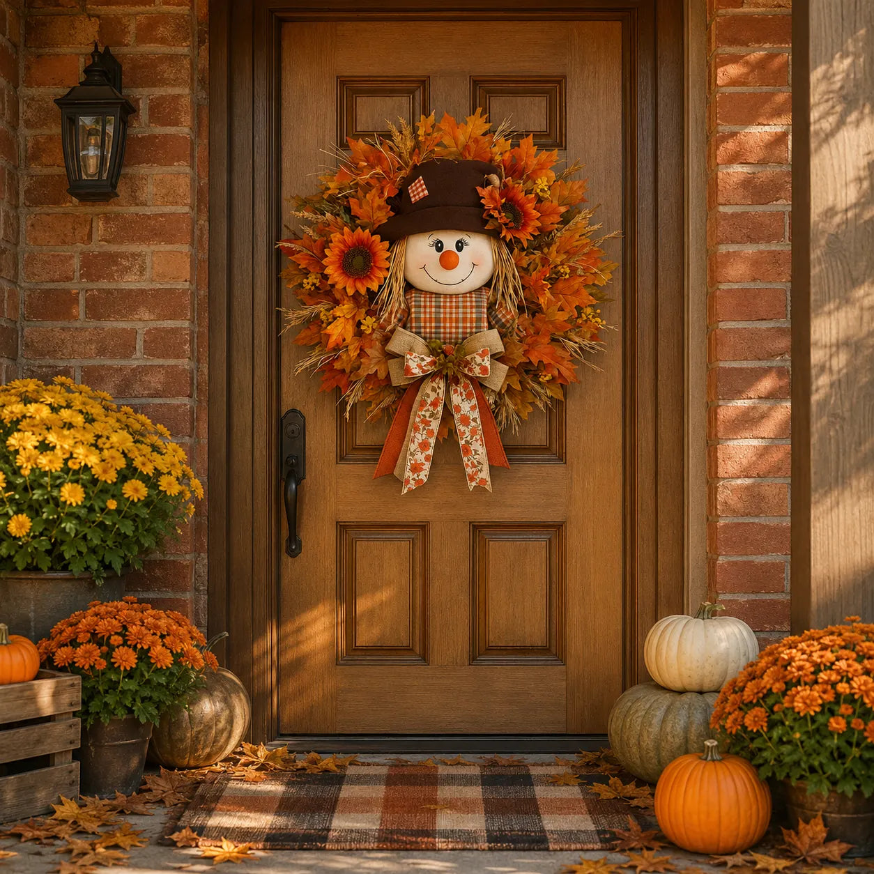 🍂🌻 Lighted Scarecrow Fall Wreath for Front Door