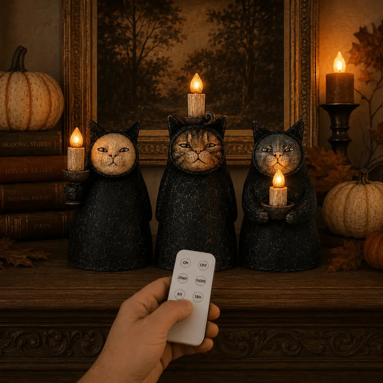 Set of 3  Mysterious Hooded Cat Candlelight Figurine