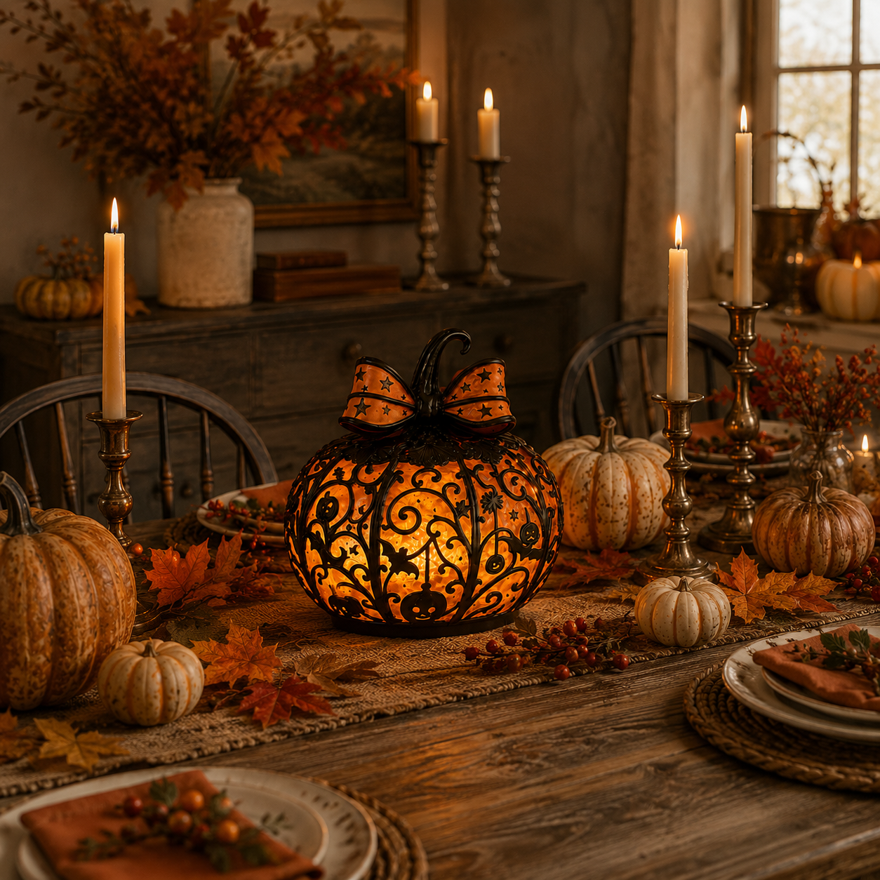 Glowing Filigree Pumpkin Lantern – Cozy Halloween Tabletop Decor