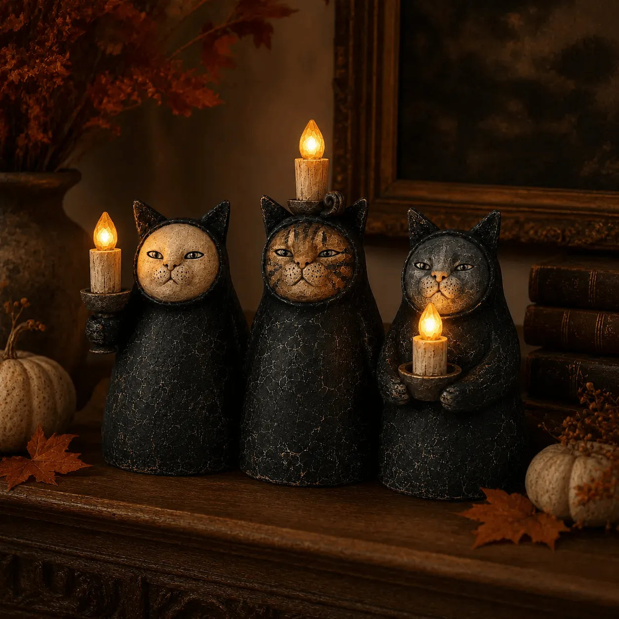 Set of 3  Mysterious Hooded Cat Candlelight Figurine
