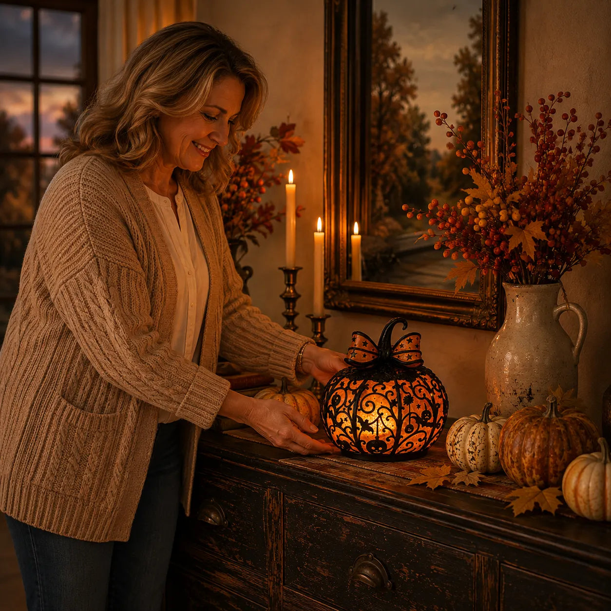 Glowing Filigree Pumpkin Lantern – Cozy Halloween Tabletop Decor
