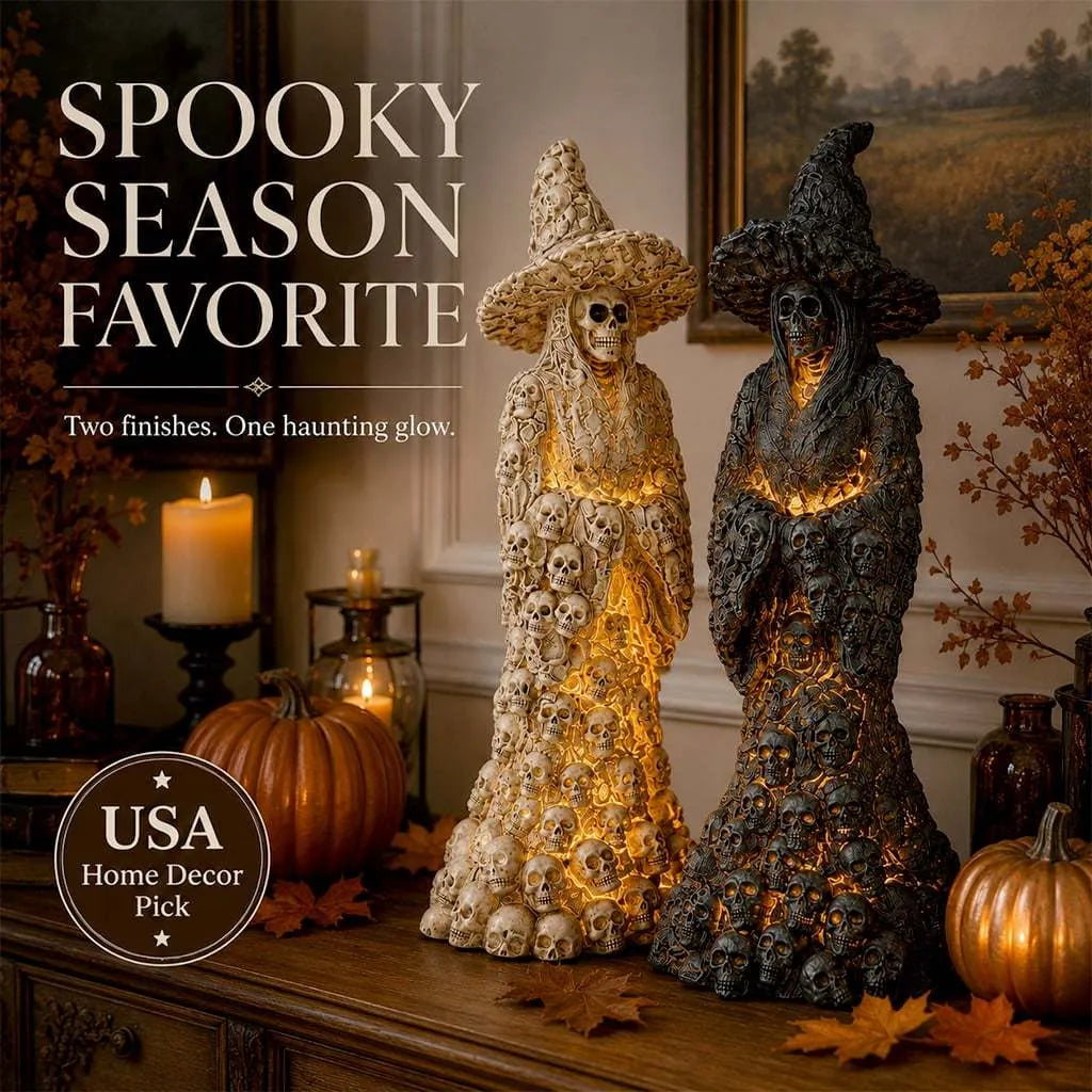 🎃 Glowing Skull Witch Halloween Statue | Cozy Spooky Indoor Decor