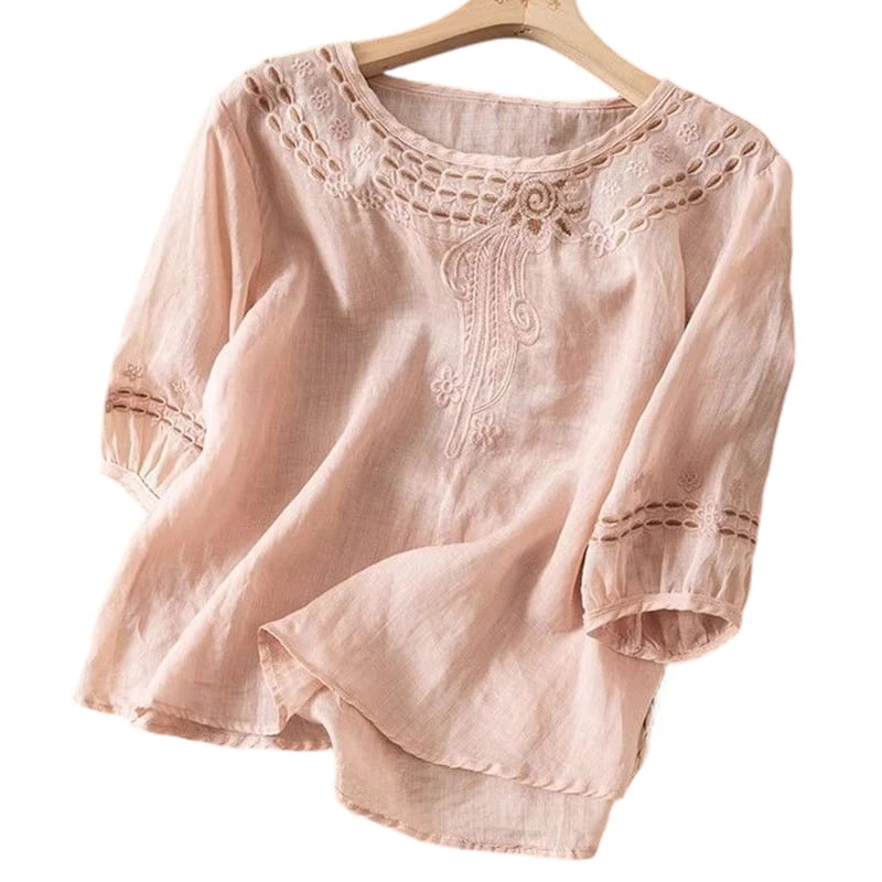 👚Women's Embroidered Cotton-Linen Blend Blouse – Floral Cutouts, Round Neck, Relaxed Fit ✨
