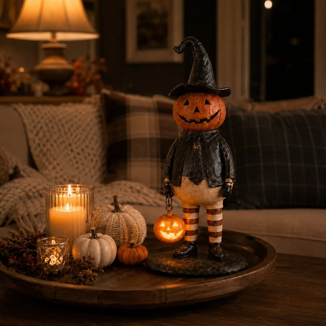 🔥HOT SALE 50% OFF🎃Halloween Pumpkin Head Figurine with Lighted Handheld Pumpkin Lantern