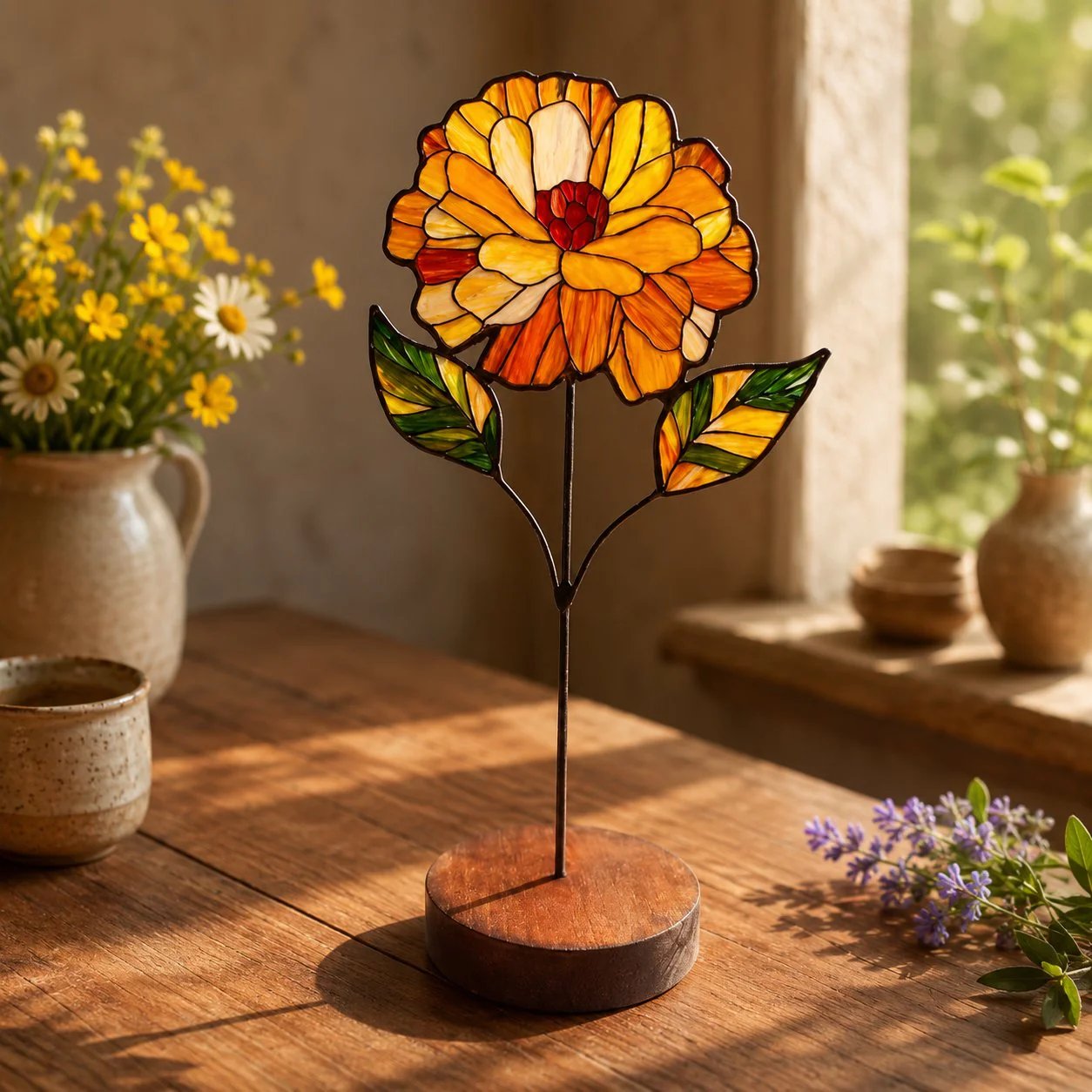 Handmade Stained Glass Flower Freestanding Window Decor