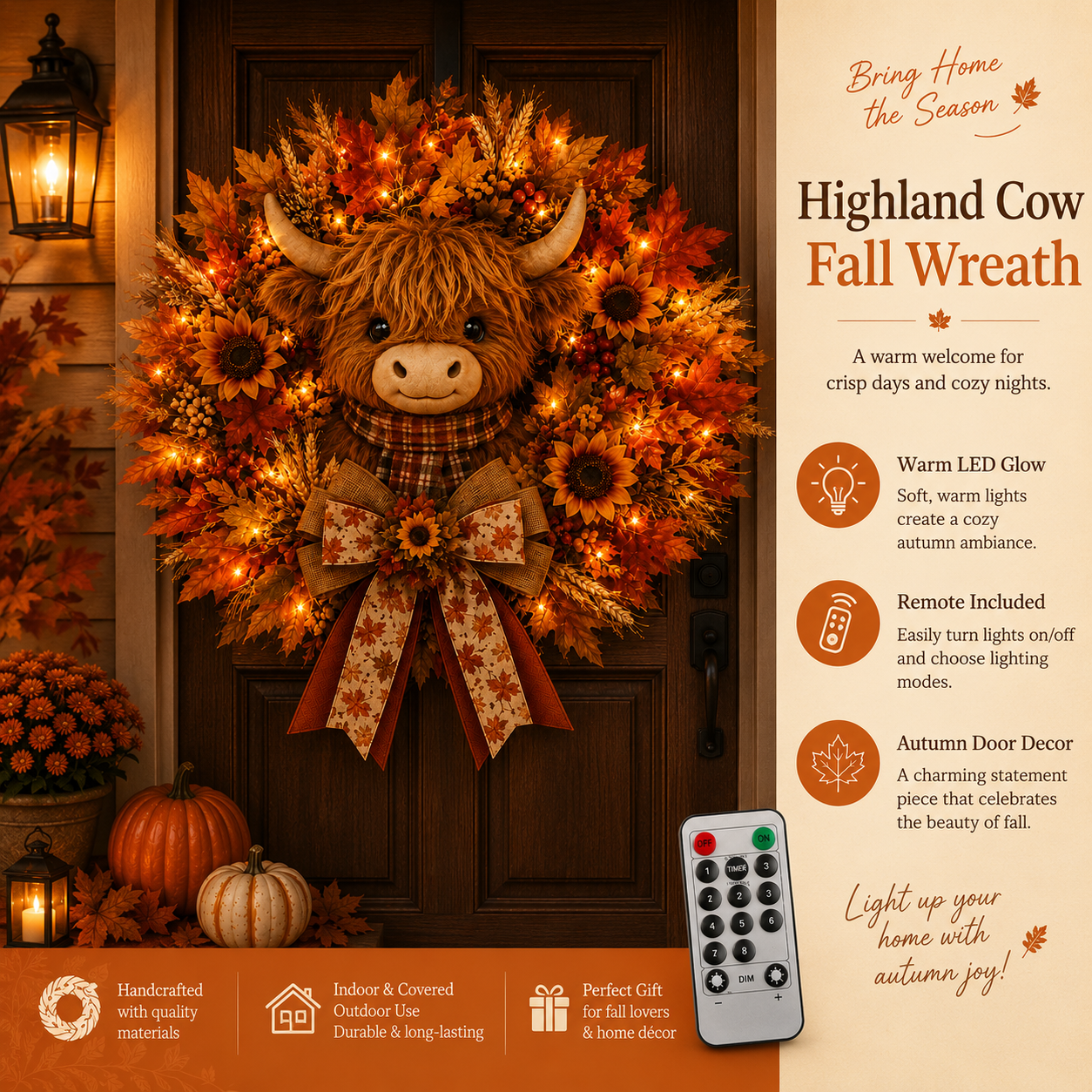 🍂🐮Autumn Highland cow wreath decoration with lights