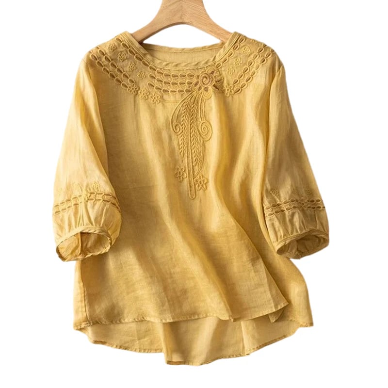 👚Women's Embroidered Cotton-Linen Blend Blouse – Floral Cutouts, Round Neck, Relaxed Fit ✨