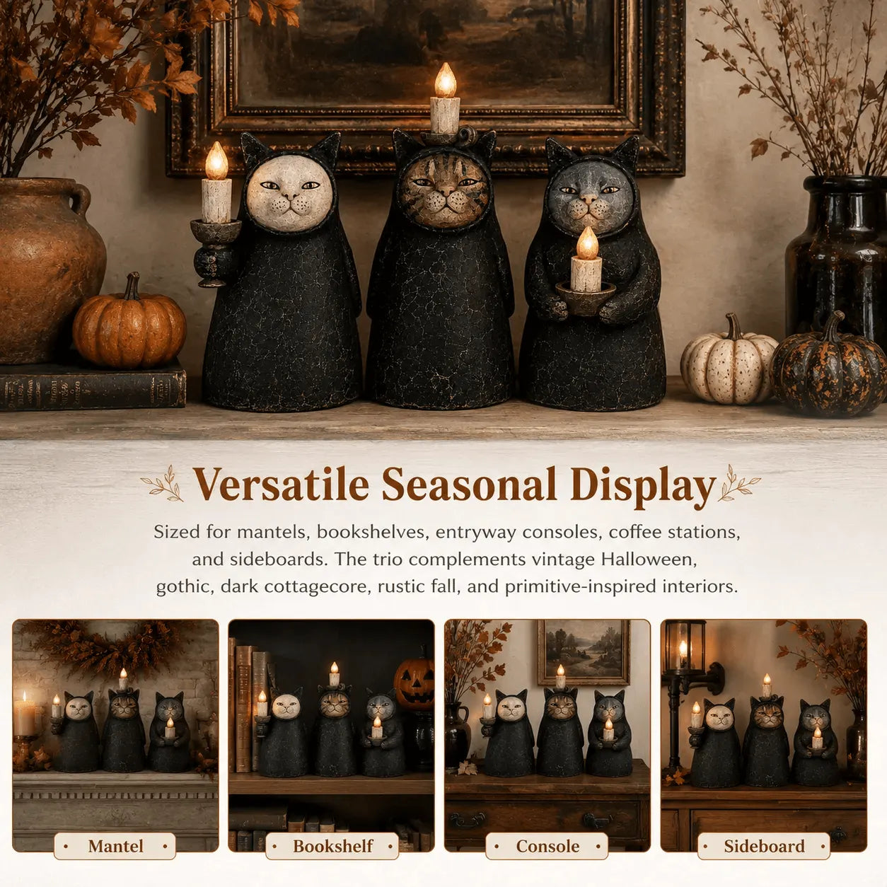 Set of 3  Mysterious Hooded Cat Candlelight Figurine