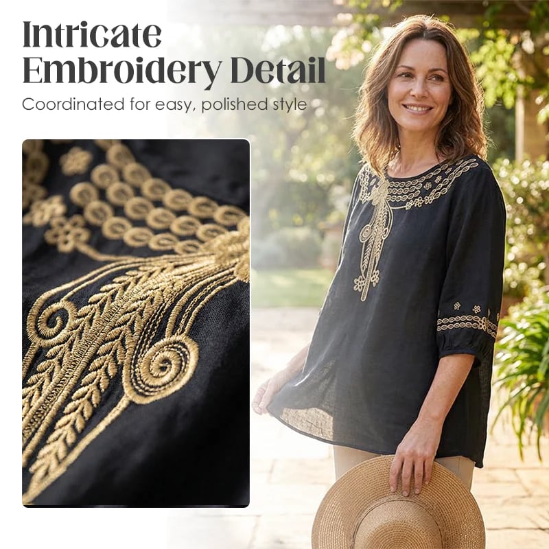 👚Women's Embroidered Cotton-Linen Blend Blouse – Floral Cutouts, Round Neck, Relaxed Fit ✨